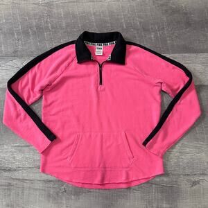 PINK Victorias Secret Half Zip Pullover Womens M Hot Pink Curved Raw Hem